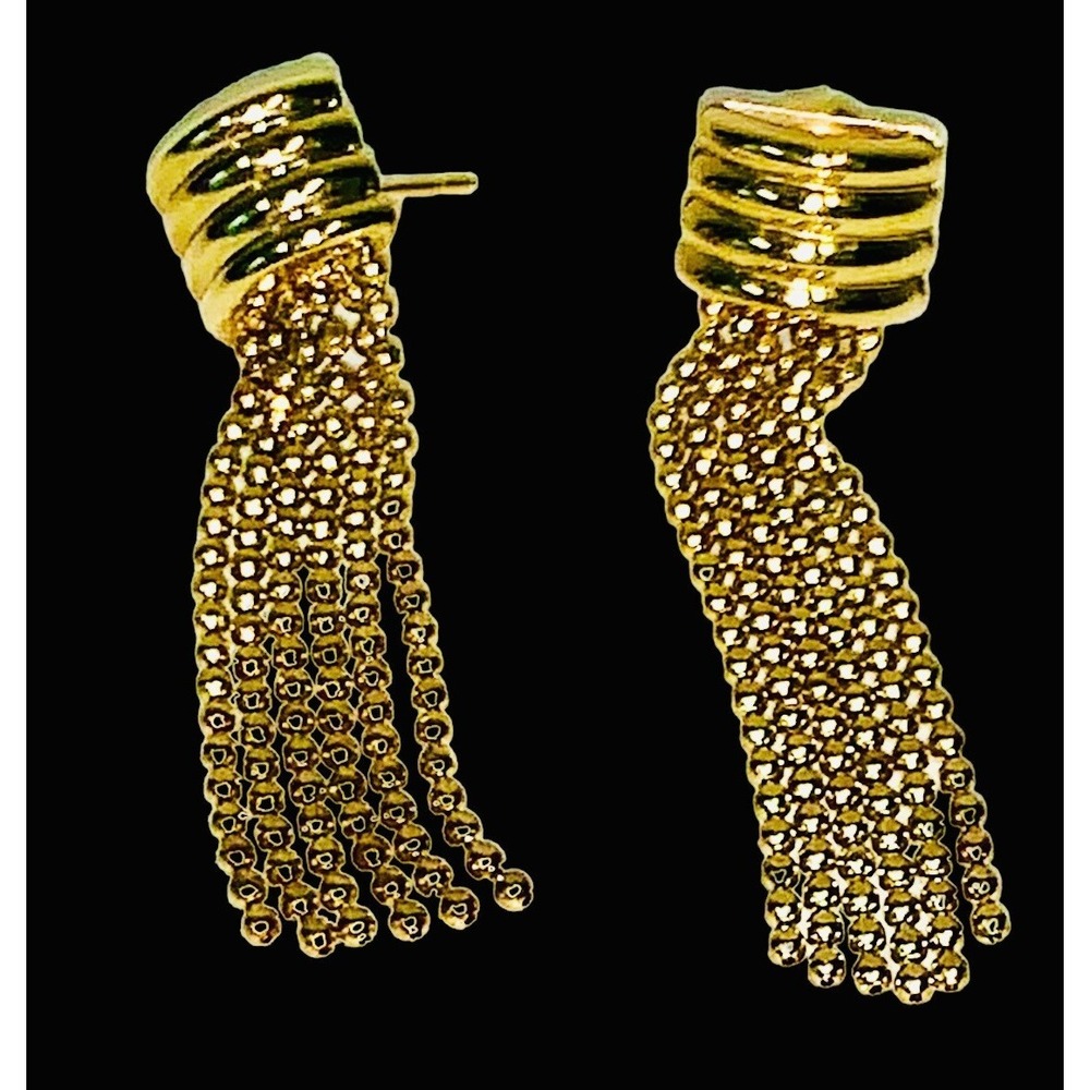 14K Yellow Gold Long Tassel Drop Stud Dangle Earrings - Picture 6 of 6